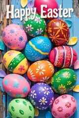 Fototapeta premium Vibrant Hand-Painted Easter Eggs with Unique Artistic Patterns Colorful Designs Arranged on Rustic Blue Wooden Surface with Festive Spring Elements for a Cheerful and Joyful Easter Holiday Celebration