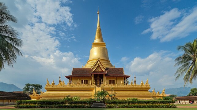 Golden stupa surrounded by lush landscape vientiane laos architecture scenic view cultural heritage