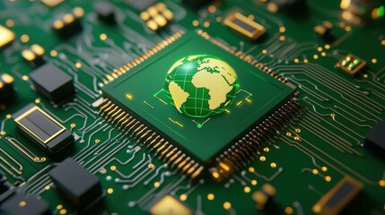 Obraz premium A close-up of a computer chip featuring a globe design, symbolizing technology and global connectivity on a vibrant green circuit board, Green Technology.