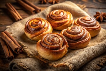 Fototapeta premium Cozy Autumn Baking: Warm Cinnamon Rolls on Linen Napkin, Top View Stock Photo