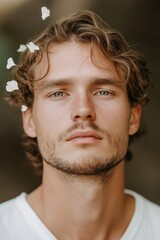 A man with a beard and short hair is wearing a white shirt and has a flower in his hair