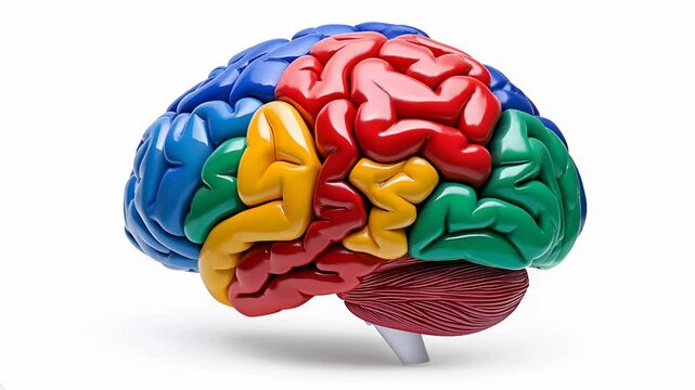 A brightly colored, stylized representation of a human brain on white background. Different sections of the brain are highlighted in distinct colors. The camera rotates around the object