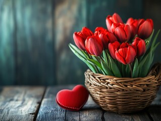 Beautiful red tulips in basket with heart on rustic wooden table