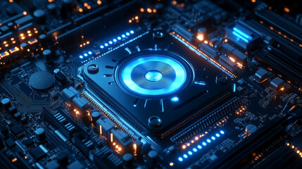 High-tech circuit board with glowing components and detail