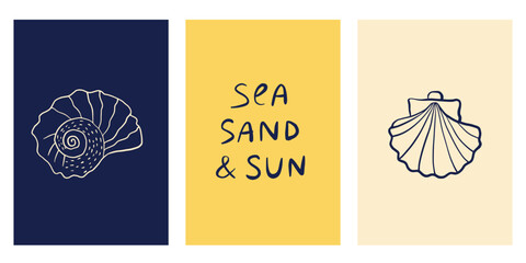 Set of background with hand drawn ink seashells. Summer coastal design elements for trendy poster, invitation, banner, menu cover.