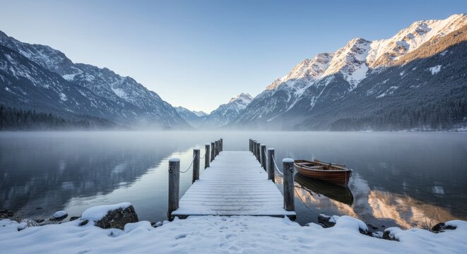 Serene Winter Lake and Mountain Vista