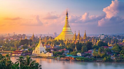 Golden pagoda sunrise over yangon myanmar architectural landscape tranquil river view cultural heritage