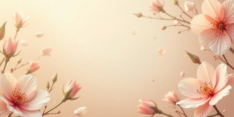 Fototapeta premium Pastel Blossom Frame Delicate Pink Flowers and Falling Petals on a Soft Background