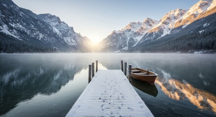 Winter Serenity: Snow-Covered Dock and Mountain Lake