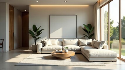 Modern Living Room Interior Design with Large Sectional Sofa and Empty Canvas