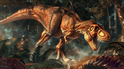 Obraz premium Majestic Tyrannosaurus Rex roaring in prehistoric jungle, golden sunlight filtering through dense ferns and cycads, powerful predator stance with razor-sharp teeth,