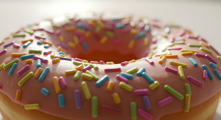 Close Up Of A Sprinkled Pink Icing Donut