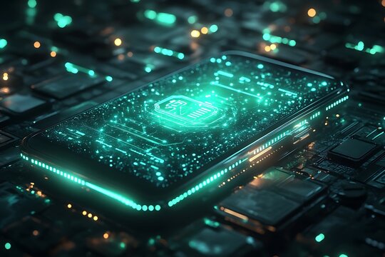  Floating, glowing digital elements surrounding a tech gadget in a dark, mysterious environment