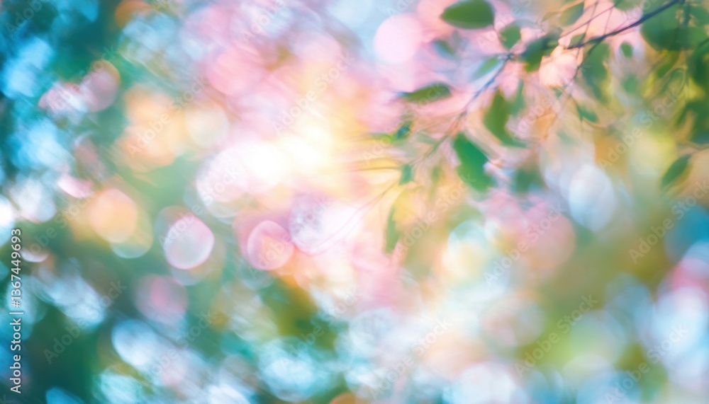 Poster pastel bokeh background with green leaves and soft light
