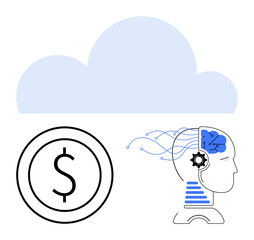 Cloud shape above symbols of artificial intelligence, brain with circuits, and currency. Ideal for tech, AI, finance, cloud computing, innovation automation digital economy. Flat simple metaphor