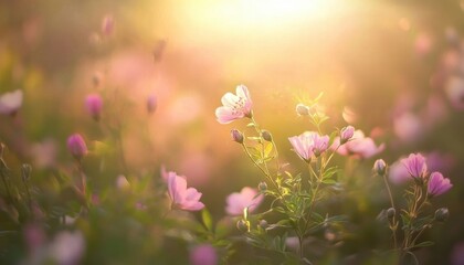 Fototapeta premium Pink Flowers in a Field at Sunset