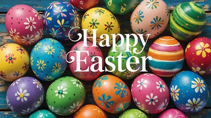 Obraz premium Vibrant Hand-Painted Easter Eggs with Unique Artistic Patterns Colorful Designs Arranged on Rustic Blue Wooden Surface with Festive Spring Elements for a Cheerful and Joyful Easter Holiday Celebration
