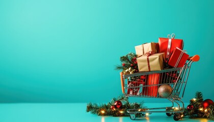 Red and Gold Wrapped Gifts in a Miniature Shopping Cart on Teal Background