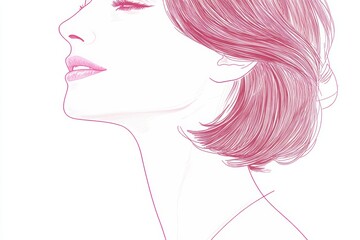 Naklejka premium A minimalistic line drawing of a woman with a serene expression, showcasing elegance and beauty in soft pink tones.