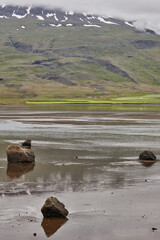 Basaltic rocks in a lake landscape. Volcanic scenery. Iceland environment