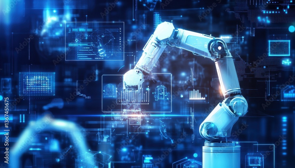 Poster robotic arm working on a digital interface in a dark blue setting
