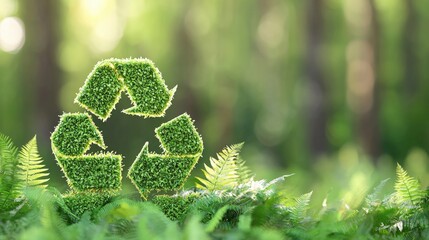 A green recycling symbol made of leaves stands amid lush ferns in a vibrant forest setting, symbolizing sustainability and environmental awareness, Green Technology.
