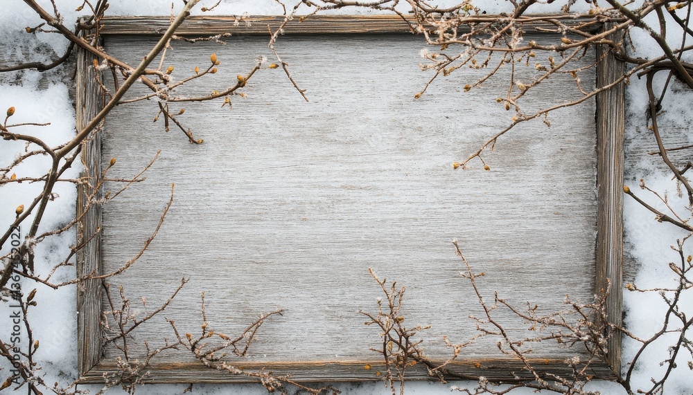 Poster rustic wooden frame in snowy winter scene with branches