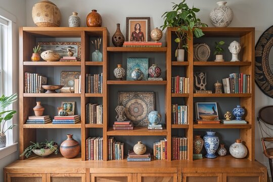 Bohemian Studio Decor Featuring Custom Bookcase with Unique Treasures