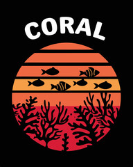 A stylized illustration of coral reef scene featuring the word 'CORAL' at the top and various marine elements against an orange-toned backdrop.