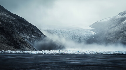 Obraz premium Melting ice sheet with scattered dark dust, symbolizing the urgent impact of environmental change.