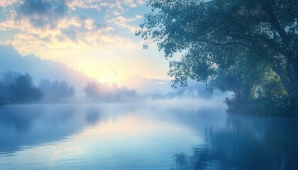 Serene Sunrise over Misty River Landscape