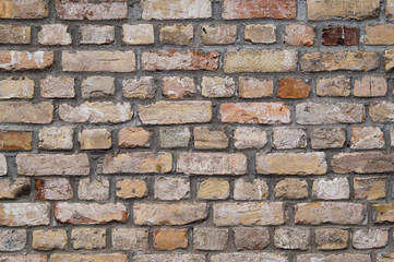The photo shows a close-up of a brick wall made of old bricks