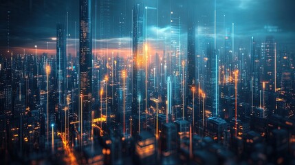 Fototapeta premium A futuristic bar chart displayed as growing skyscrapers in a sci-fi cityscape