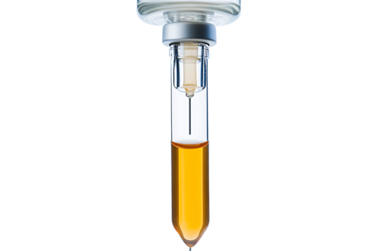 Close up of a vial with a needle inserted containing a yellow liquid against a black background