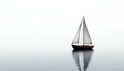 Fototapeta premium Small Sailboat on Calm Sea Under a White Sky