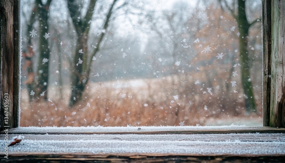Poster snow falling outside a frost covered window