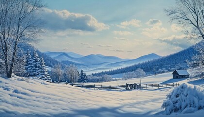 Snowy Mountain Landscape with Cabin