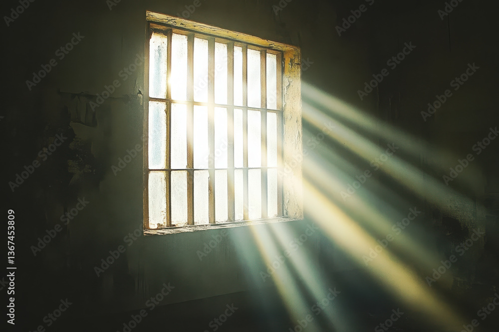 Poster sunlight rays streaming through a prison window illuminating a dimly lit cell and highlighting the s