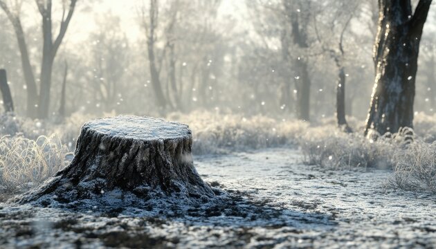 Snowy Tree Stump in a Winter Forest