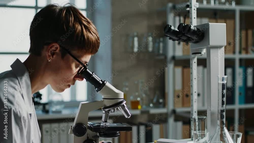 Poster scientist deeply engaged in microscope research in a modern laboratory setting