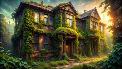 Fototapeta premium Creepy Abandoned House, Overgrown Nature, Decaying Building, Eerie Atmosphere, Spooky Ruins Stock Photo
