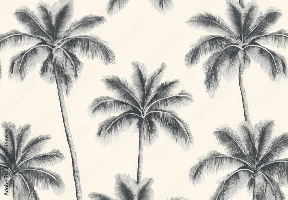 Poster seamless monochrome palm trees pattern on cream background