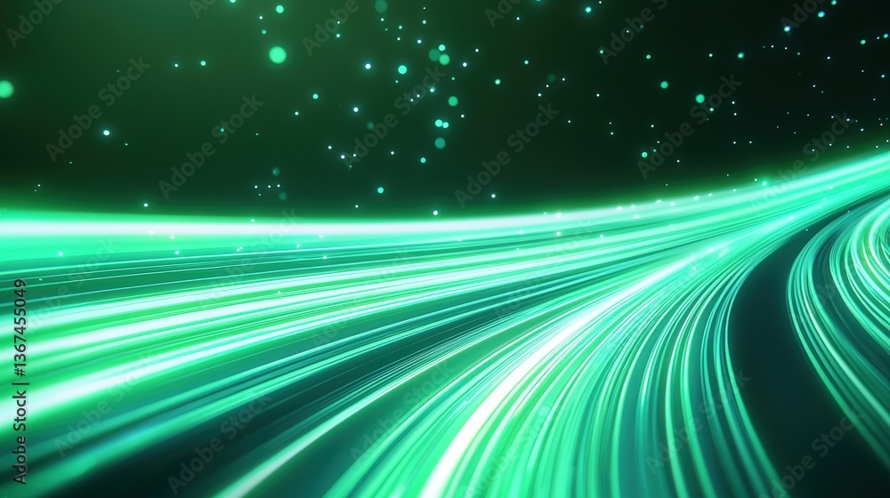 Poster a dynamic visual of glowing green light trails against a dark background, evoking a sense of speed a