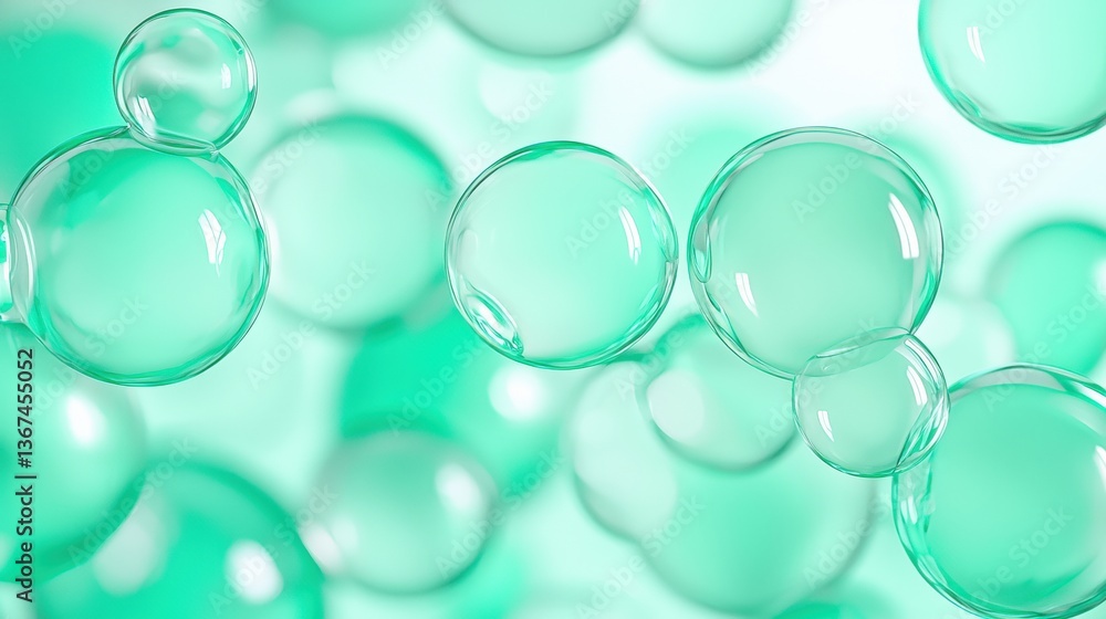 Poster a serene background filled with transparent bubbles in shades of green, creating a calming and refre