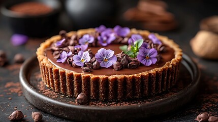 Elegant Chocolate Tart Decorated with Edible Flowers and Coffee Beans on Dark Background