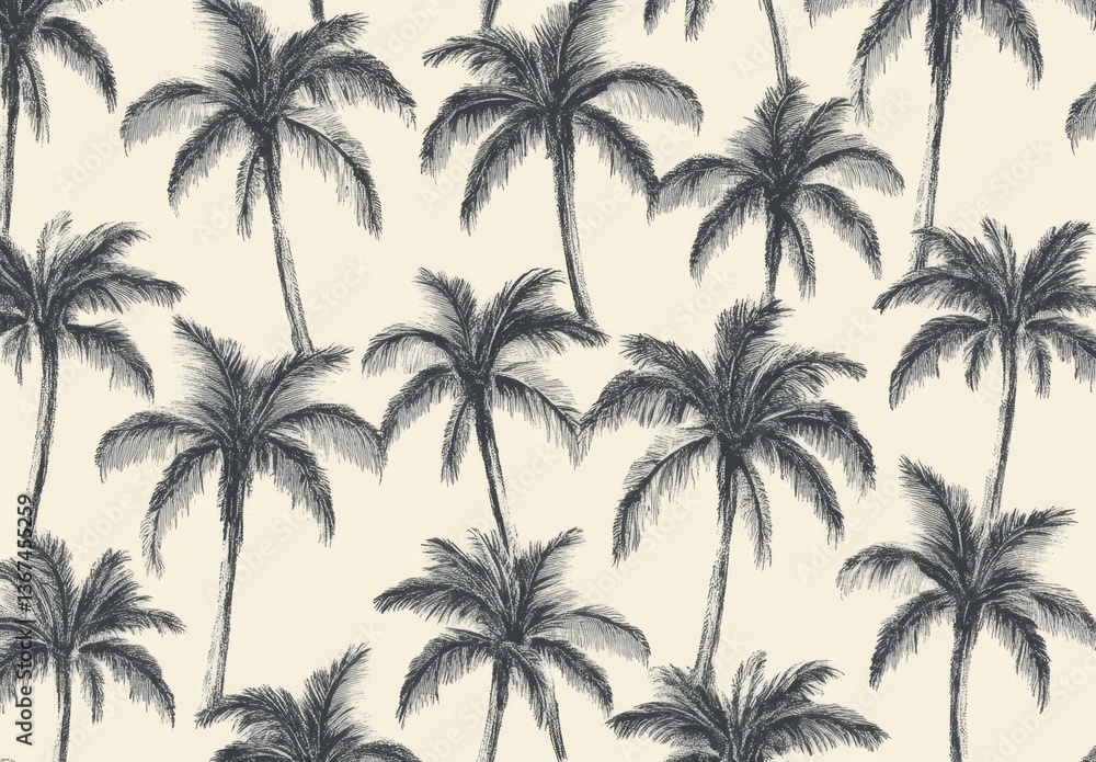 Poster seamless pattern of drawn palm trees on a cream background