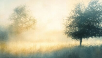Fototapeta premium Two Trees in Misty Field at Sunrise