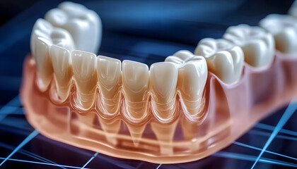 A detailed digital illustration highlights the anatomy of teeth in a modern stomatology setting.