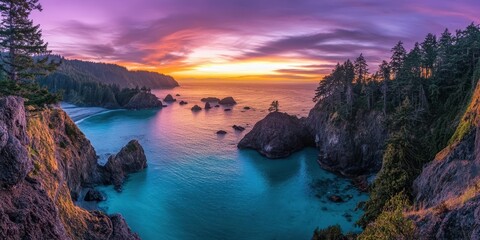 Fototapeta premium A stunning coastal sunset with vibrant colors over rocky cliffs and calm waters.