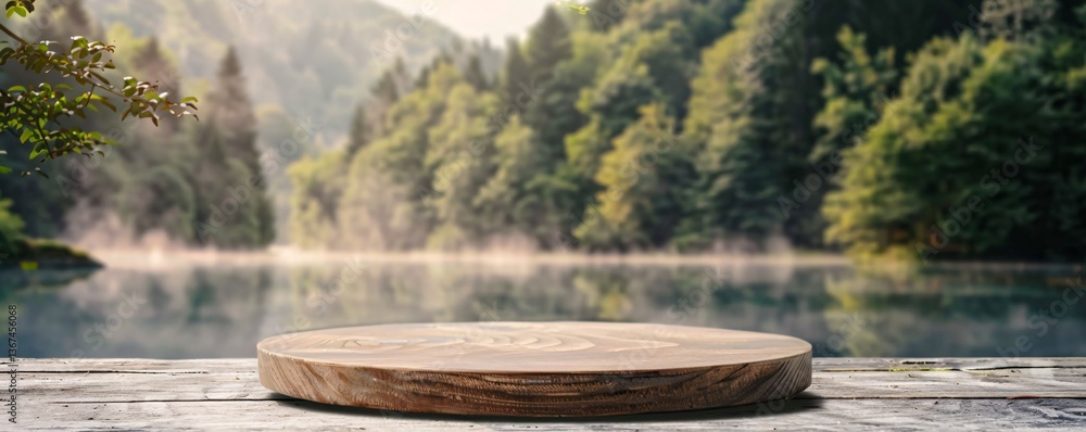 Poster serene lake and forest backdrop with empty wooden platform for product placement